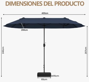 Guarda-sol duplo 400x200 cm jardim duplo para exterior com base recarregável, manivela e 12 varas de alta resistência Azul Marinho