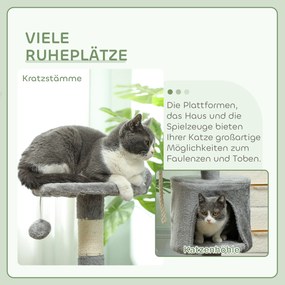 Arranhador para gatos com vários acessórios, plataformas, compartimentos abertos, corda e brinquedos – 40 x 40 x 114 cm, cinzento
