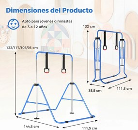 Barra de Ginástica para Crianças, 111,5 x 144,5 x 132 cm, Ajustável em 4 Níveis de Altura, Azul-escuro