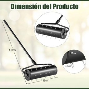 Rolo Aerador de relva com cabo amovível 130 cm Dentes para jardim Pátio Fácil de montar Preto