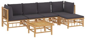 6 pcs conjunto lounge jardim bambu c/ almofadões cinza-escuro