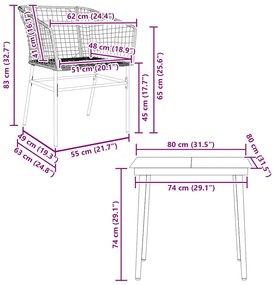 Conjunto jantar jardim 3 peças vidro vime PE castanho