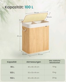 Cesto para roupa suja em bambu com 2 compartimentos 52 x 32 x 61 cm cor natural
