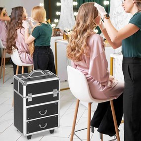 HOMCOM Mala de Maquilhagem Professional Mala para Cosméticos com Rodas 6 Gavetas Extensíveis Fechadura 2 Chaves e Alça Retrátil 36x23x58cm Preto