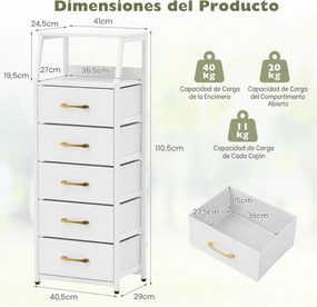 Cómoda de 5 Gavetas, 40,5 x 29 x 110,5 cm, Gavetas de Tecido Removíveis, Branco
