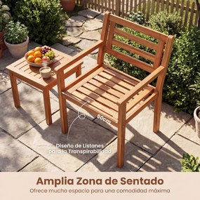 Conjunto de 2 cadeiras de jardim em madeira de acácia com encosto inclinado (MESA NÃO INCLUIDA), braços e assento em ripas, com capacidade para 180 kg