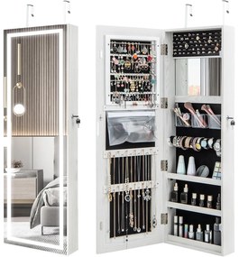 Armário para joias com iluminação LED e espelho de corpo inteiro Organizador de joias com fechadura 40 × 12,5 × 120 cm Branco