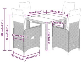 5 pcs conjunto bistrô de jardim c/ almofadões vime PE cinza