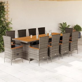 vidaXL 11 pcs conjunto jantar p/ jardim c/ almofadões vime PE cinzento