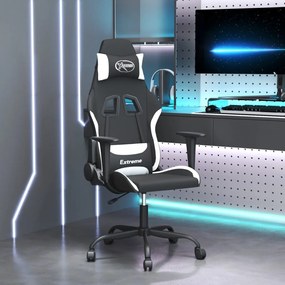345477 vidaXL Cadeira gaming de massagens tecido preto e branco