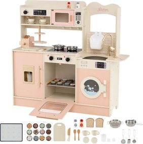 Cozinha de brincar em madeira para crianças 100 x 29,5 x 94 cm com luz, som e vários acessórios, forno micro-ondas e torneira para maiores de 3 anos R