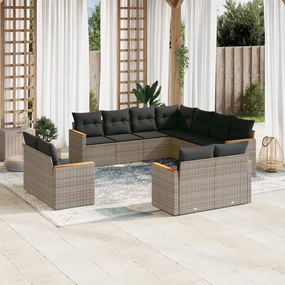 11 pcs conjunto sofás de jardim c/ almofadões vime PE cinzento