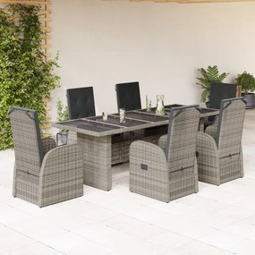 vidaXL 7 pcs conjunto de jantar p/ jardim c/ almofadões vime PE cinza