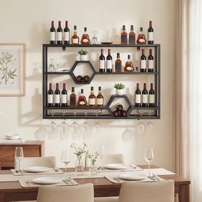 Garrafeira de Parede, 120 x 20 x 77 cm, Suporte para Copos, Preto