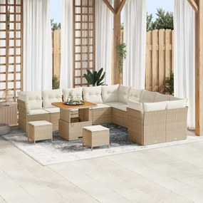Conjunto de Sofás de Jardim de 13 Peças com Almofadas Bege Vime Acácia