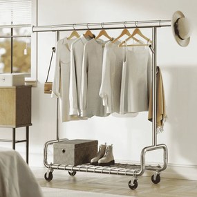 Guarda roupa aberto, Cabide ajustavel com rodas, com prateleira e ganchos 47,5 x (107-149,8) x (144,2-164,2) cm prateado