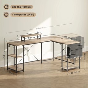 Secretária de canto modular e reversível, 168-240 cm, estilo industrial — prateleira ajustável, saco de arrumação, suporte para ecrã cor madeira natur