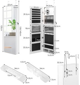 Espelho Guarda-joias, organizador de joias luzes de 3 cores, parede e porta, 120x37cm Branco