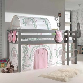 Conjunto Cama alta de Criança PINO 90 x 200 cm + estrado + escada + cortina + 3 Bolsas + Tunel Pássaro Cinzenta