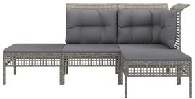4 pcs conjunto lounge de jardim c/ almofadões vime PE cinzento