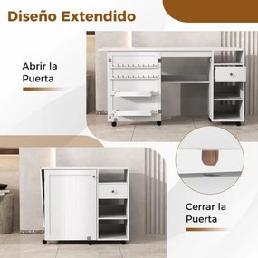 Armário de costura Mesa de costura dobrável com prateleiras, tabuleiros, ganchos, secretária para máquina de costura com 6 rodas bloqueáveis Branco