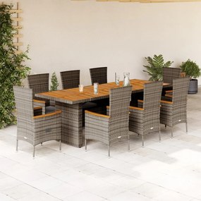 vidaXL 9 pcs conjunto de jantar p/ jardim c/ almofadões vime PE cinza