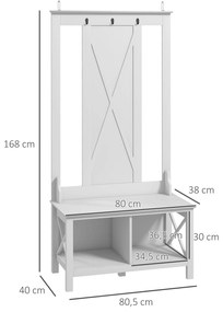 Móvel Cabide de Entrada de Madeira Móvel de Entrada com Banco 2 Prateleiras e 3 Ganchos para Pendurar 80,5x40x168 cm Branco