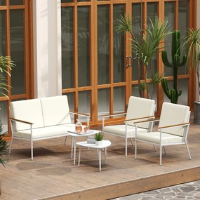 Conjunto de Jardim de 5 Peças com 1 Sofá de 2 Lugares 2 Poltronas e 2 Mesas de Centro com Bancada de Vidro Creme