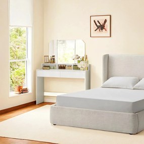 Toucador com espelho rebatível 40 x 100 x 140 cm e 2 gavetas e com 3 compartimentos abertos branco