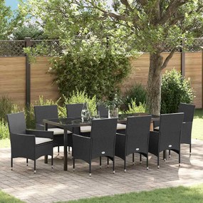 vidaXL Conjunto de Jantar para Jardim de 9 Peças com Almofadas em Polirattan Preto