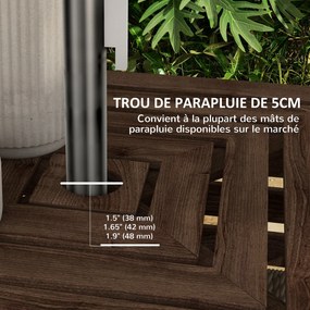 Caixa de arrumação exterior 2 em 1 para base de guarda-sol 50 x 50 x 50 cm, mesa auxiliar de terraço com orifício para guarda-sol em madeira castanho
