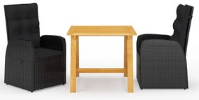 3 pcs conjunto de jantar para jardim preto