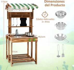 Cozinha de brincar de dupla face com churrasqueira de madeira com toldo, pia e torneira Fogão para brincar ao ar livre com acessórios Castanho