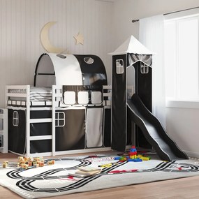 vidaXL Beliche com escorrega e cortinas 90x190 cm branco e preto