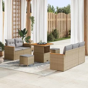 Conjunto de Sofá de Jardim com 8 Peças e Almofadas em Vime Bege e Acácia