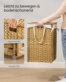 Cesto para roupa suja 66 x 40 x 61 cm em rattan sintético com 2 compartimentos, cor natural