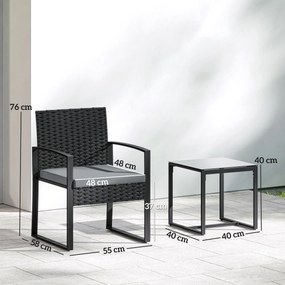 Conjunto de Móveis de Jardim de 3 Peças em Vime PE com Cadeiras Mesa de Vidro Temperado e Almofadas Cinza Claro