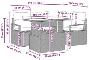 Sofá Jardim 5 Peças com Almofadas Pretas em Vime e Poliéster