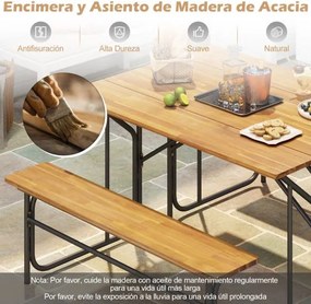 Conjunto jardim 2 Pessoas Mesa de Piquenique Unilateral com banco 2 Lugares Madeira Acacia e Pernas de Metal Natural