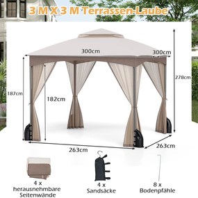 Pergula jardim de 3 x 3 m com rede mosquiteira, 4 sacos de areia e teto duplo impermeável cor cáqui