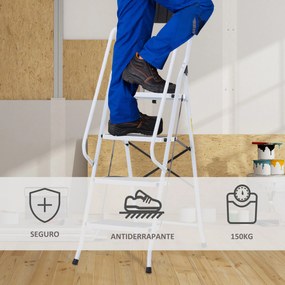HOMCOM Escada Dobrável com 4 Degraus Escada de Metal com Apoio para os Braços e Suporte para Ferramentas Carga Máxima 150 kg 50x83x155 cm Branco e Preto