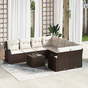 Conjunto de Sofás de Jardim com 9 Peças e Almofadas Polirattan Castanh