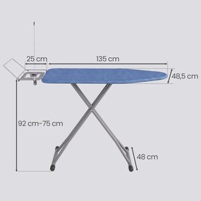 Tabua de engomar dobrável, 160 x 48,5 x (75-92) cm com altura ajustável e suporte para cabos azul-preto
