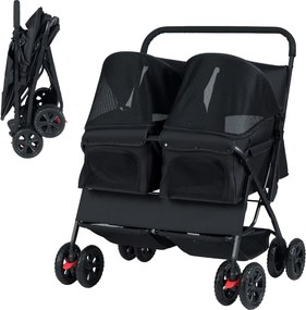 Carrinho duplo dobrável para animais de estimação com 2 assentos, guarda-sol ajustável e cesto de armazenamento para passeios, Preto