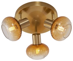 Candeeiro de Teto Moderno Dourado com Vidro Âmbar Redondo 3 Luzes - Teddy Moderno