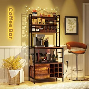 Armario de cozinha 80 x 40 x 170 cm com 2 tomada e 2 portas USB, com ganchos e prateleiras para garrafas de vinho 80 x 40 x 170 cm Castanho