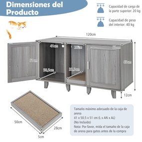 Móvel para gatos para a caixa de areia com tábua de raspar escondida e  e pernas de madeira amovíveis 120 x 52 x 65 cm Cinza escuro