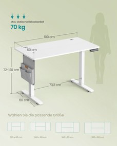 Secretária elétrica 100 x 60 x (72-120) cm com regulação elétrica da altura, branca