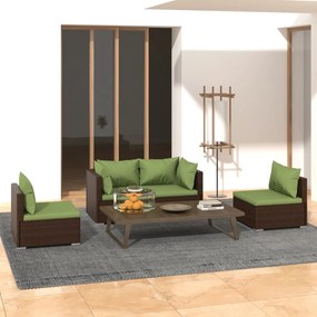 4 pcs conjunto lounge jardim c/ almofadões vime PE castanho