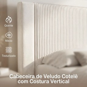 Cama Estofada 140x200 cm (COLCHÃO NÃO INCLUIDO) com Cabeceira Acolchoada Gaveta de Arrumação e Ripas de Madeira Bege